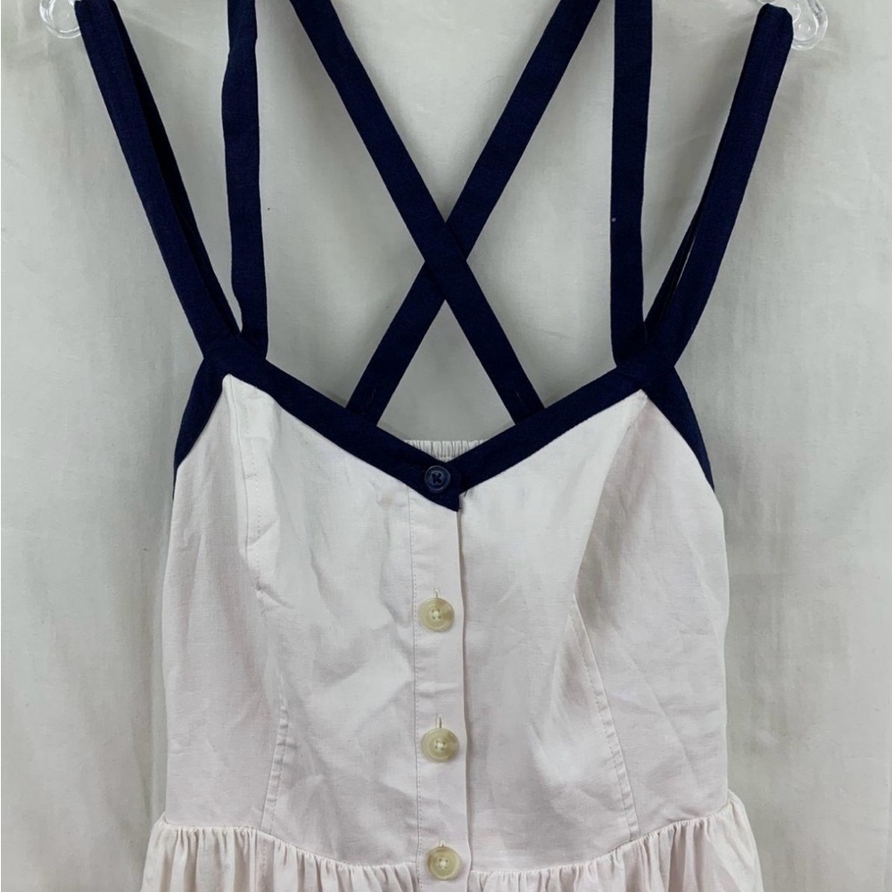 Maeve Dress 12 Off White Navy Linen Blend Strappy Button Front Pocket Midi